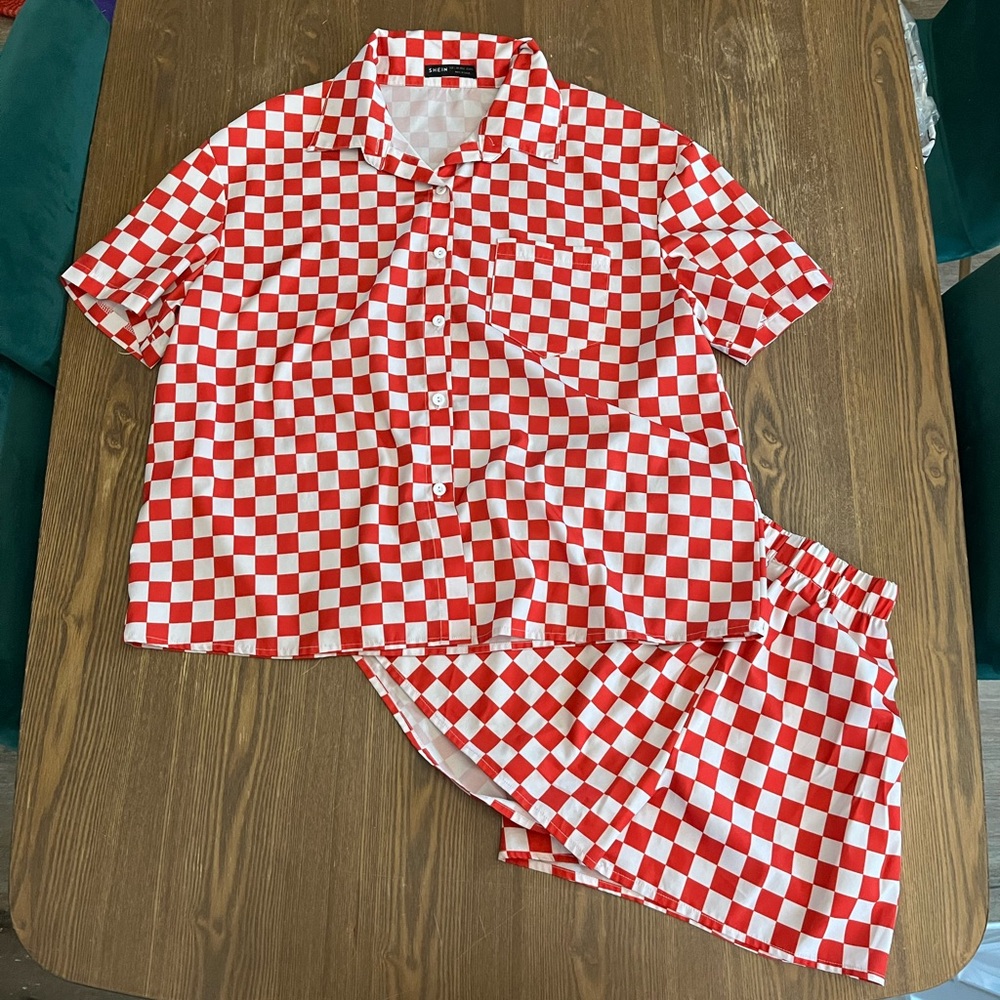 Red and white checkered short sleeve button up shirt and shorts set